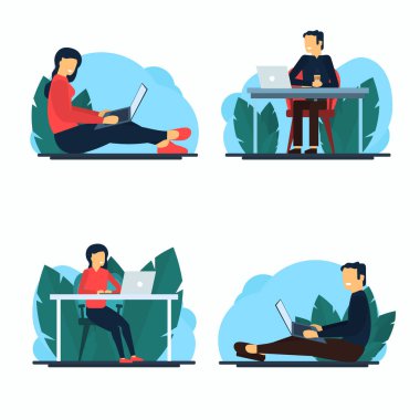 Pankart seti. Kadın ve erkek dizüstü bilgisayar kullanıyor. Ev işi, online alışveriş. Serbest çalışma, e-öğrenme konsepti. Düz vektör illüstrasyonu.