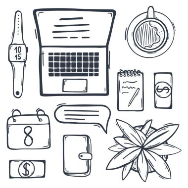 Serbest Çalışmanın Eskizi. Evde çalış. Uzaktan kumanda. El çizimi karalama arkaplanı.