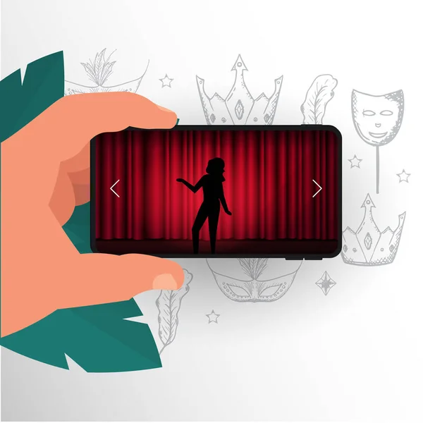Online-Theater. Handfläche mit Smartphone auf der Hand zeichnen Doodle-Elemente. — Stockvektor