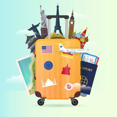 Seyahat çantasıyla pankart taşıma zamanı. Tatilde. Yolculuk. Turizm. Yolculuk. Gezici illüstrasyon. Modern düz tasarım.