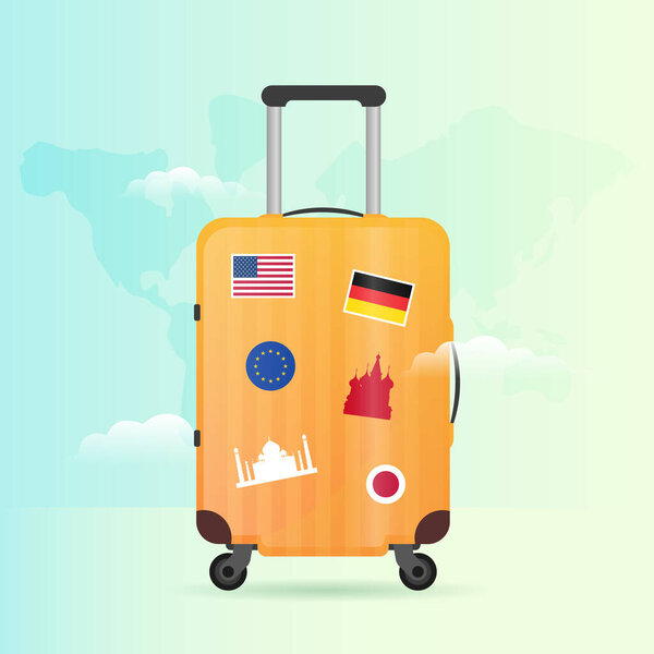 Time to travel banner with travel bag. Vacation. Road trip. Tourism. Journey. Travelling illustration. Modern flat design.