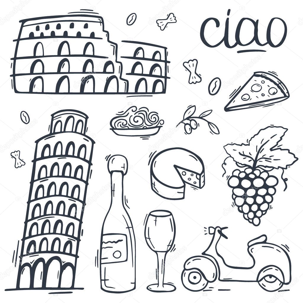 Cartoon cute hand drawn Italian travel background. Vector illustration.