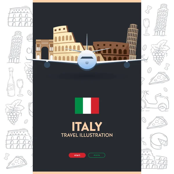 Viaje a Italia bandera. Fondo dibujado a mano Doodle. Ilustración vectorial . — Vector de stock