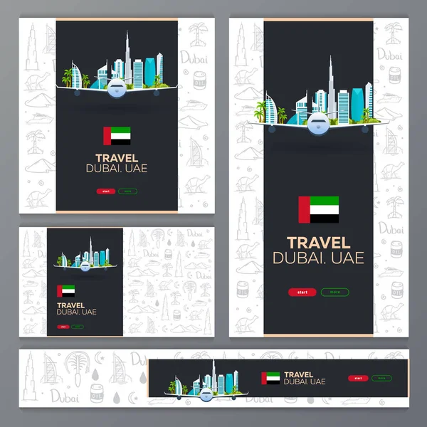 Set of travel banners. UAE. Travel to Dubai. Hand draw doodle background. Vector illustration. — Stock Vector