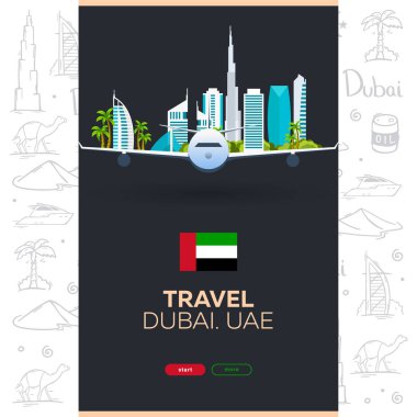 BAE. Dubai 'ye git. El çizimi arka plan. Vektör illüstrasyonu.