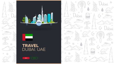 BAE. Dubai 'ye git. El çizimi arka plan. Vektör illüstrasyonu.