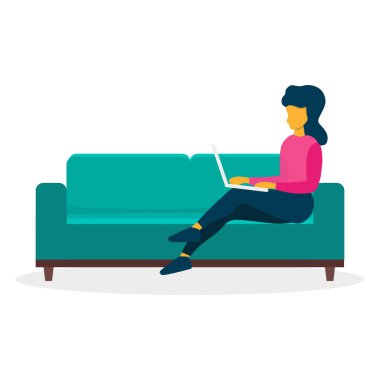 Serbest ya da öğrenim konsepti. Kadın ya da kız dizüstü bilgisayarla çalışıyor ve kanepede oturuyor. Vektör illüstrasyonu.