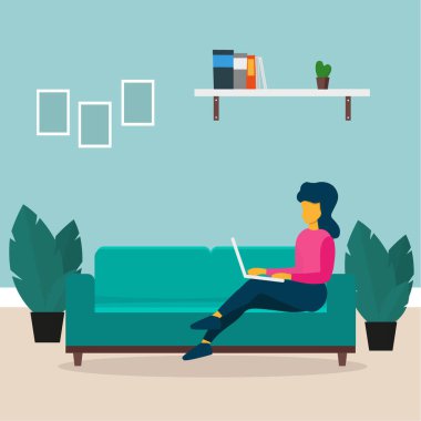 Serbest ya da öğrenim konsepti. Kadın ya da kız dizüstü bilgisayarla çalışıyor ve kanepede oturuyor. Vektör illüstrasyonu.