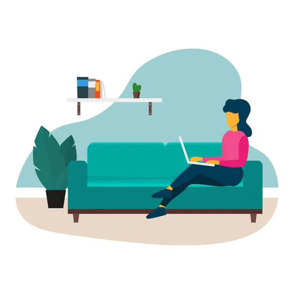 Freelance atau konsep belajar. Perempuan atau Gadis bekerja dengan laptop dan duduk di sofa. Ilustrasi vektor. - Stok Vektor