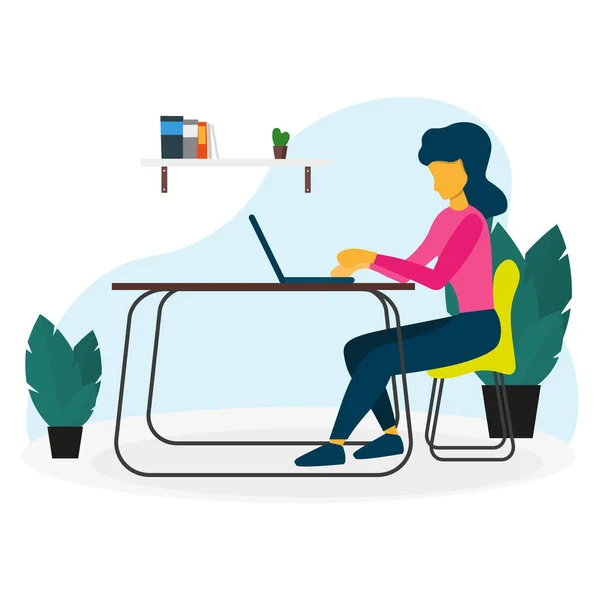 Фріланс або концепція дослідження. Жінка або дівчина працюють з ноутбуком і сидять на стільці. Векторні ілюстрації . — стоковий вектор