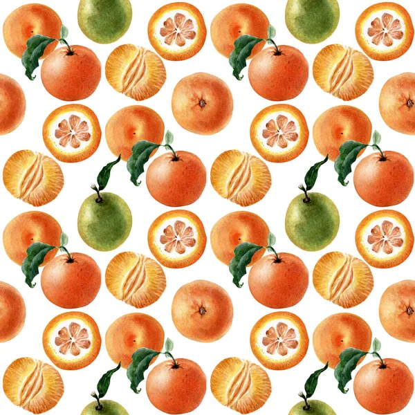 Watercolor seamless pattern of Fruits, twigs and slices of tangerine