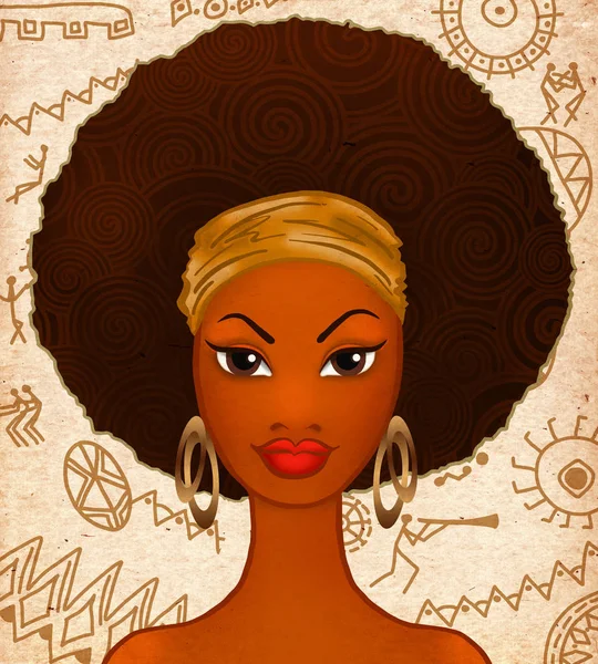 Ritratto di giovane donna di colore su sfondo etnico, modello di moda, illustrazione — Foto Stock
