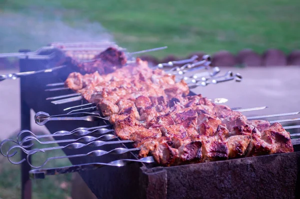 Barbecue dans la rue. Brazier et kebabs de cuisine. Viande grillée en plein air — Photo