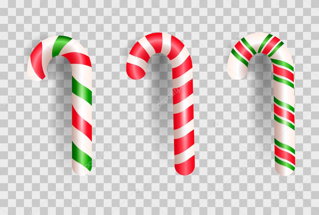 Set of realistic christmas candy cane. Sweets and striped lollipops  isolated on white background. Vector illustration