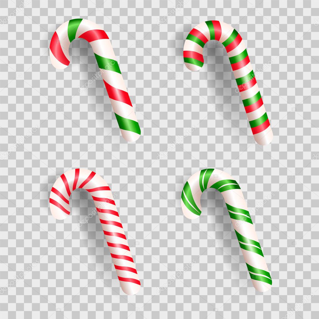 Set of realistic christmas candy cane. Sweets and striped lollipops  isolated on white background. Vector illustration