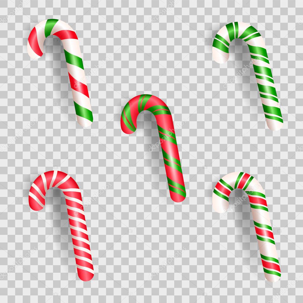 Set of realistic christmas candy cane. Sweets and striped lollipops  isolated on white background. Vector illustration