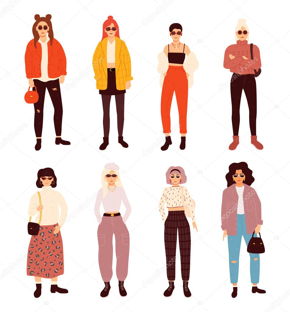 Collection of stylish young women dressed
