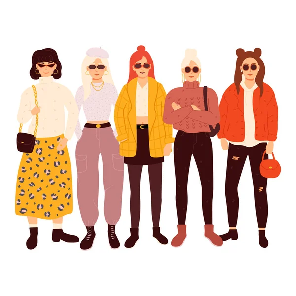 Group of adorable women dressed in trendy clothes — Stock Vector