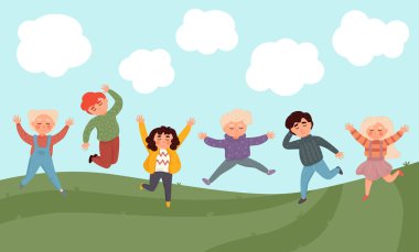 Mutlu çocuklar zıplıyor.