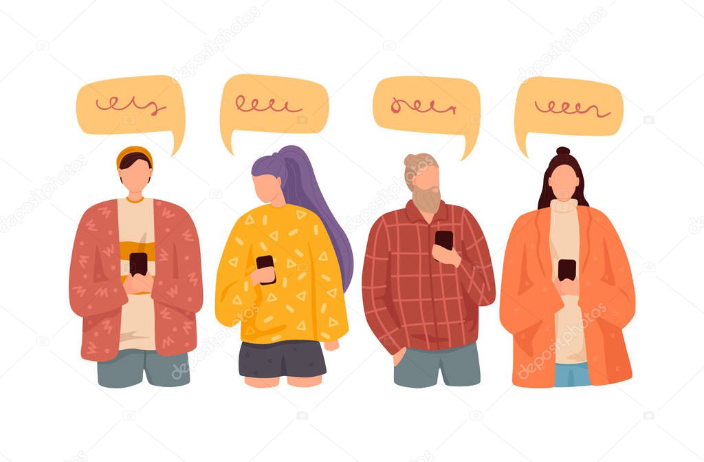 People talking with colorful speech bubbles. news