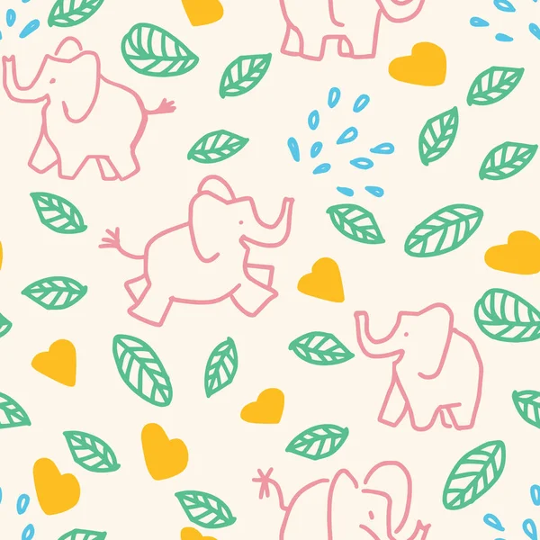 Słodkie małe słonie serce liść bezszwowy wzór projekt — Wektor stockowy