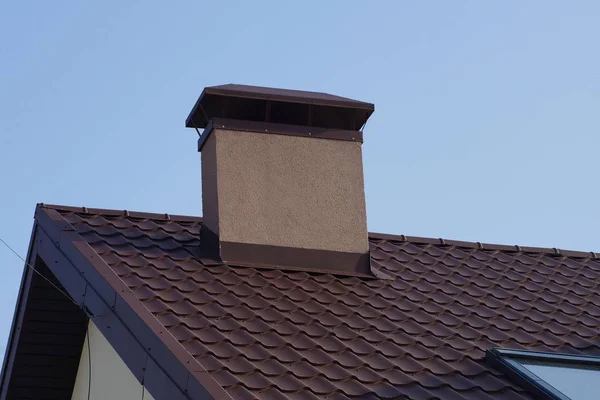 Large Chimney Pipe Brown Tiled Roof — Stock Photo, Image