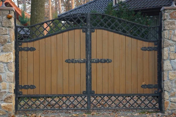 One Large Closed Brown Gate Made Wooden Boards — Stock Photo, Image