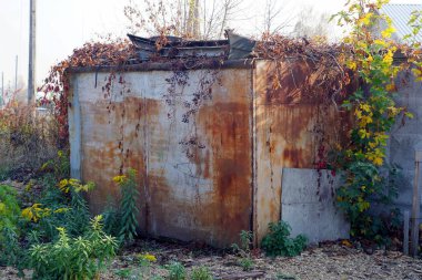Paslanmış eski bir gri metal römork bitki örtüsü ve yeşil çimlerle kaplı.