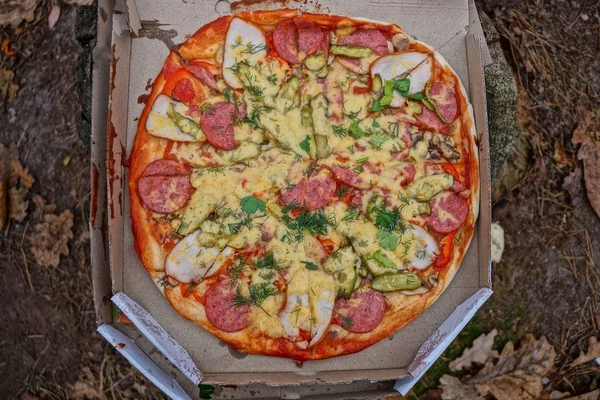 Pizza Redonda Uma Caixa Papel Cinza Fundo Marrom — Fotografia de Stock