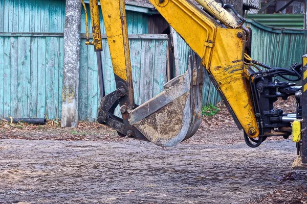 Part Yellow Excavator Gray Iron Dirty Bucket Street — Stock Photo, Image