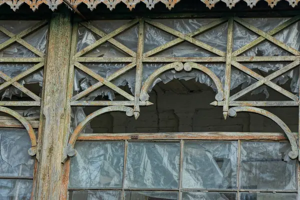 Gray Texture Wooden Boards Pieces Cellophane Old Broken Window — Stock Photo, Image
