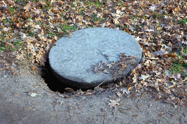 Yerde Bir Gri Beton Lağım Çukuru Yeşil Çimenler Var — Stok fotoğraf