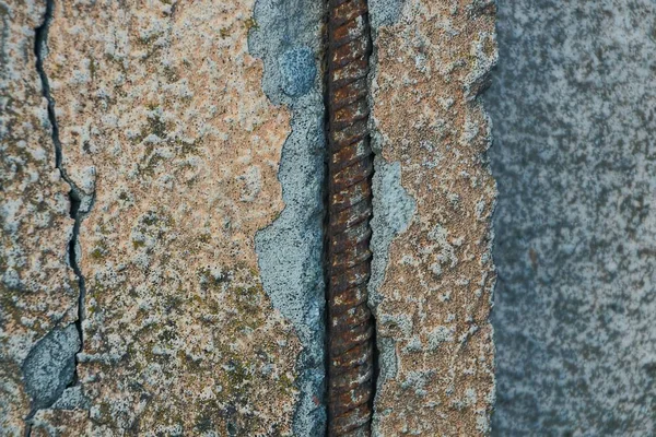 Deel Van Grijs Gebroken Betonnen Muur Met Roestige Ijzeren Wapening — Stockfoto