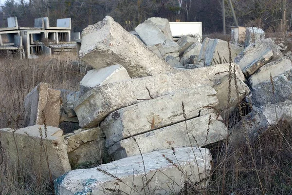 Eski Gri Beton Bloklar Levhalar Dışarıdaki Kuru Bitki Örtüsünde Yatıyor — Stok fotoğraf