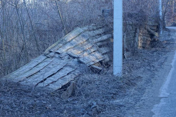 Vieille Clôture Grise Cassée Planches Bois Dans Mur Envahi Par — Photo