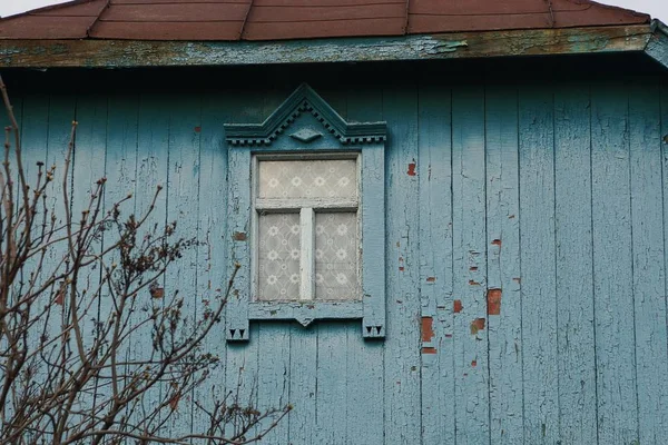 Blue Old Wooden Attic Rural House Small Window — 스톡 사진