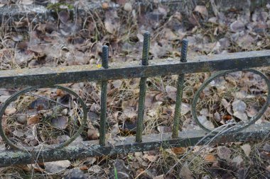 Kuru kahverengi yapraklar ve sokaktaki çimenler içinde kirli çitlerden oluşan eski bir dekoratif çitin parçası.