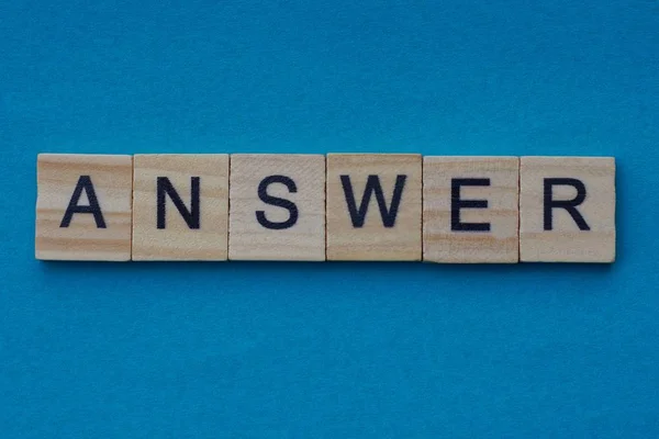 Gray Word Answer Small Wooden Letters Blue Table — Stock Photo, Image