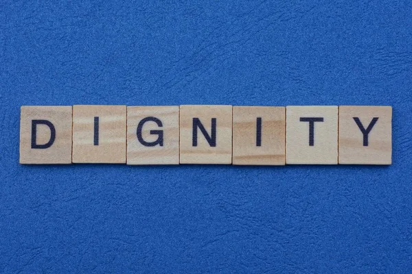 Word Dignity Small Gray Wooden Letters Lies Blue Background — Stock Photo, Image