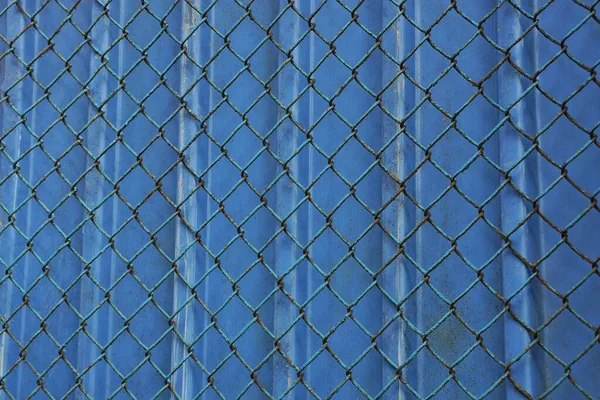 Niebieska Siatka Metalowa Tekstura Ścianie Ogrodzenia — Zdjęcie stockowe