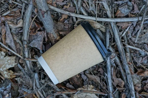 Kahverengi Kapalı Bir Bardaktaki Çöpler Doğadaki Gri Kuru Yaprakların Üzerinde — Stok fotoğraf