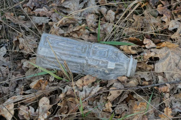Una Botella Plástico Blanco Encuentra Hierba Seca Gris Hojas Caídas —  Fotos de Stock