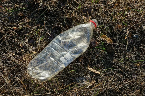Sucio Botella Plástico Blanco Encuentra Hierba Seca Gris Hojas Caídas —  Fotos de Stock