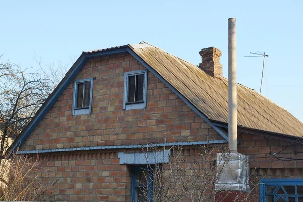 Facade Brown Brick Rural House Small Windows Chimney Gray Slate — Stock Photo, Image