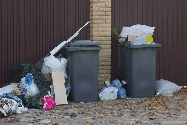 Gri Plastik Çöp Tenekesi Caddedeki Kahverengi Çit Duvarının Yanında Bir — Stok fotoğraf