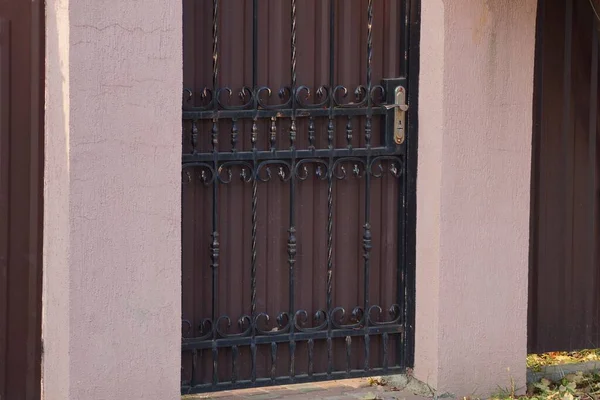 Parte Uma Porta Ferro Marrom Com Padrão Forjado Preto Uma — Fotografia de Stock