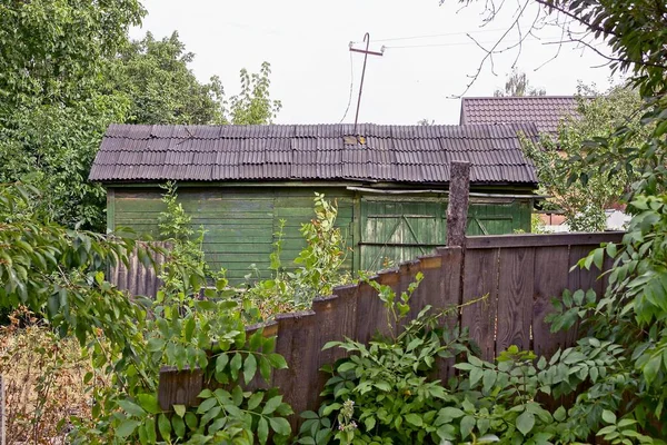 Old Rural Barn Gray Wooden Fence Overgrown Green Vegetation Trees — Stock Photo, Image