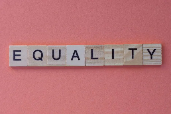 灰色の木製の文字で作られた単語の平等は赤い背景にあります — ストック写真
