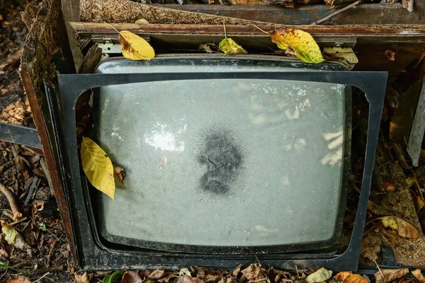 ある壊れた古いテレビからのゴミ黄色の落ち葉の中の通りに灰色の管で — ストック写真