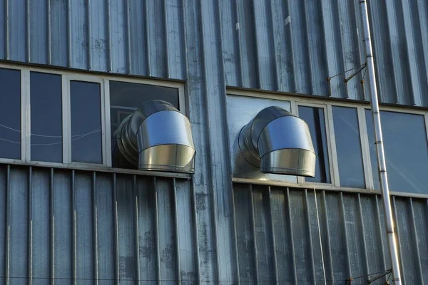 Two Gray Metal Industrial Pipes Fans Window Iron Wall Factory — Stock Photo, Image